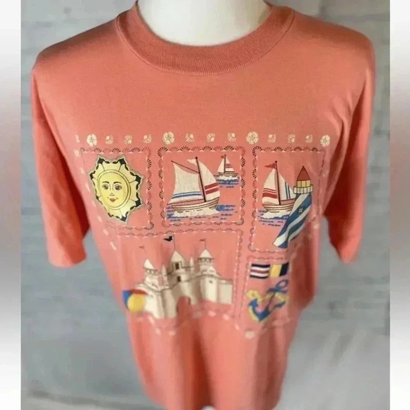 Endless Summer Beach Vintage 90’s T Shirt Sandcastle Sun Sailboat Peach size L - Picture 2 of 12